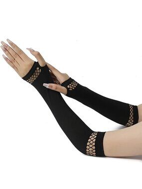 Women's Black Long Solid Arm Warmers Fishnet Mesh Trim Fingerless Gothic Gloves